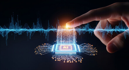 Hand Touching an Activated CPU Microchip with Digital Waveform in Background, representing AI, Data, and Technology