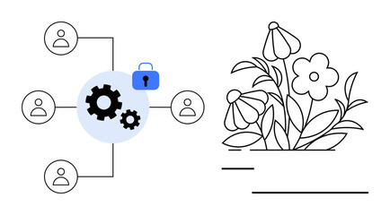 Cybersecurity, teamwork, data sharing, privacy, protection, growth. Graphic shows connected gears, people icons and a lock symbol next to minimal floral illustration. Cybersecurity and teamwork