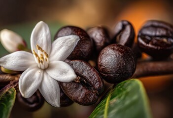 Obraz premium Close up of coffee beans and blossom macro photography