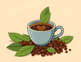 simple illustration of stylized cute cozy international day of coffee, delicate cup with a heart made of tiny coffee seeds and surrounded by lush green leaves