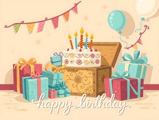 stylized and whimsical illustration of a cozy birthday greeting card featuring a vibrant happy birthday cake with lit candles, surrounded by beautifully crafted wooden box