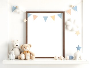 simple illustration of cute cozy Stylish and modern scandinavian newborn baby interior with mock up photo or poster frame on the white shelf