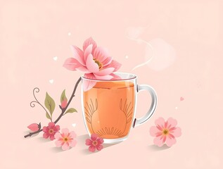 simple illustration of cute and cozy composition still life a transparent mug filled with steaming tea, alongside vibrant flower blooming in soft fog