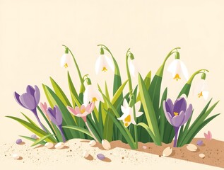 simple illustration of cute and cozy Spring featuring delicate snowdrops and vibrant crocuses, with soft warm light casting a gentle glow on the lush green leaves and petite flowers