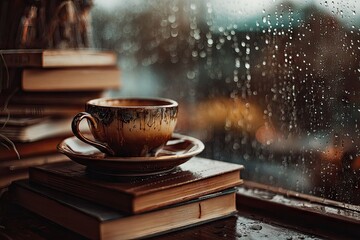 Fototapeta premium Coffee cup on books near rainy window creating cozy atmosphere indoors