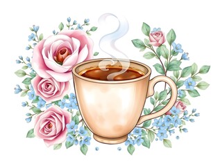 illustration of hot cup of coffee, with gentle steam rising from the cup, surrounded by floral wreath of soft pink roses, blue forget-me-nots, and lush green eucalyptus
