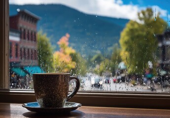 Coffee cup on windowsill overlooking cityscape on a rainy day
