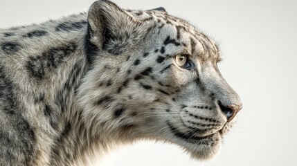 Close-up profile of a snowy leopard showcasing its striking fur and piercing eyes in a natural