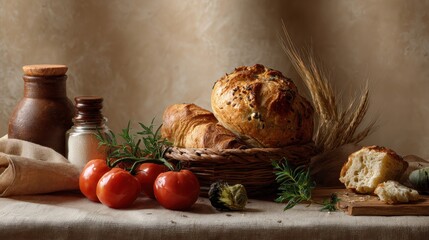 Rustic still life of freshly baked bread tomatoes and herbs on a wooden table