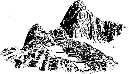 Obraz premium Machu Picchu ancient ruins in minimalist sumi-e painting style, 