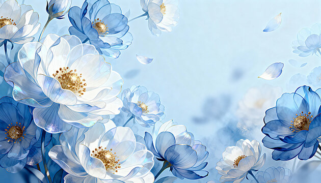 Fototapeta Elegant 3D Blue and Cream Floral Wallpaper Pattern with Soft Luxury Background