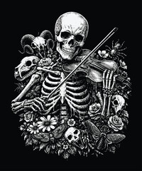 Skeleton playing violin surrounded by skulls and flowers, dark gothic black and white hand drawn fantasy illustration for tattoo and apparel © Chairul