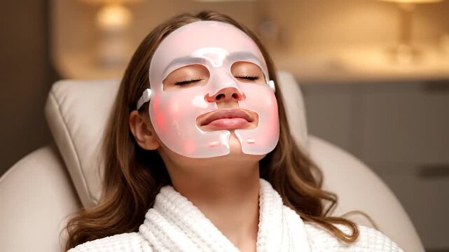 Woman relaxes in spa chair, LED mask applied. Eyes closed, wearing robe. Soft lighting