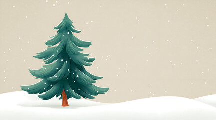 Fototapeta premium A vibrant evergreen tree stands tall in a serene snowy landscape, surrounded by a gentle snowfall, creating a peaceful winter scene.