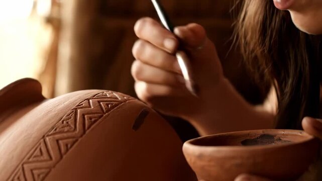 Artisan hand painting traditional patterns on a clay pottery piece