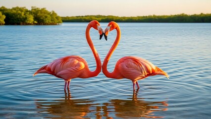 Two flamingos standing in water forming heart shape with necks