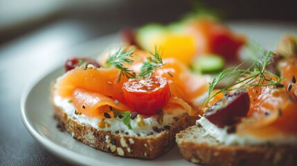 Elegant Smoked Salmon Open-Faced Sandwiches Garnished with Fresh Dill Sprigs