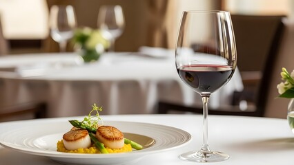 Seared scallops on yellow risotto with asparagus and red wine in fine dining restaurant