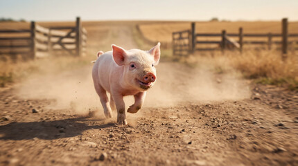 A cute pink piglet runs fast along a dirt road, kicking up dust, on a sunny summer day