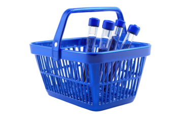 Blue shopping basket filled with laboratory test tubes on black background image