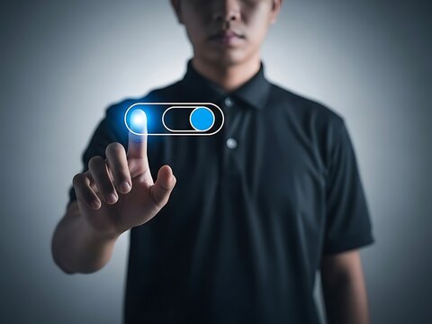 Man interacting with virtual toggle switch on finger