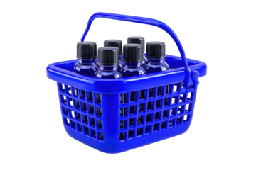 Blue plastic basket holding six small dark blue glass bottles with black caps container