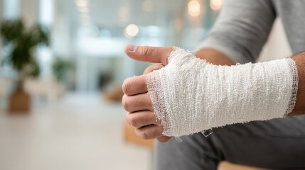 Close-up of a Person's Hand Wrapped in White Bandage While Sitting in a Bright Medical Waiting Room, Highlighting Recovery and CareInjury