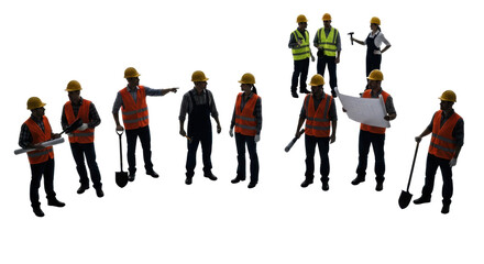 Multiple silhouetted male and female construction workers in safety attire, holding tools and blueprints, on a glossy reflective white studio floor, captured from high-angle. Concept of industry and