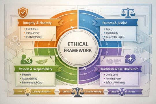 Ethical Framework Illustrating Guiding Principles, Decision-Making Processes, and Social Impact Through Visual Elements and Different Sector Icons