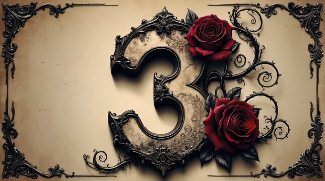 Gothic Ornamental Number Three with Dark Roses