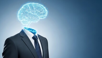 Conceptual visualization of a businessman with a glowing digital brain, symbolizing artificial intelligence, innovation, and futuristic business intelligence