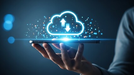 Cloud computing and digital transformation concept with a person holding a smartphone displaying a glowing cloud icon with upload and download arrows