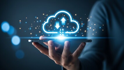 Digital cloud storage and data transfer technology illustrated with glowing neon cloud icon hovering over a hand holding a smartphone on a dark bokeh background, symbolizing online services