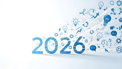Obraz premium Futuristic 2026 vision with innovative technology symbols and light bulbs