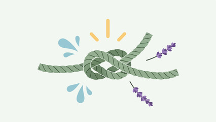 Obraz premium Minimalist still life with green rope knot, blue water droplets, yellow light rays, and purple lavender sprigs