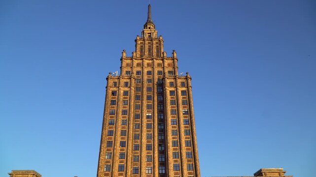 The Latvian Academy of Sciences building is an example of Soviet Classicism architecture in Riga, Latvia