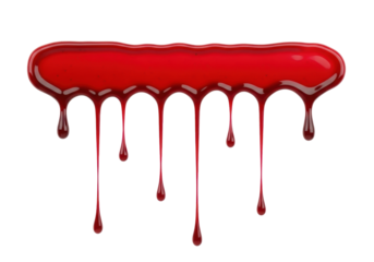 Dark red viscous liquid like syrup or blood, forming a horizontal streak with rivulets and spherical drops on a transparent background, tight close-up UHD, concept of fluid dynamics and viscosity.