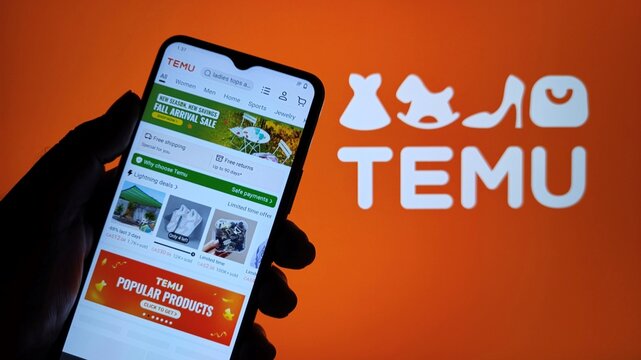 Hand holding smartphone with TEMU shopping app on screen next to TEMU logo