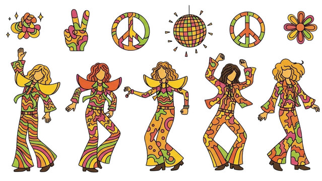 Retro 70s disco dancers with peace signs and groovy patterns