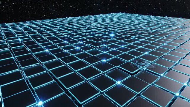 Abstract grid with glowing neon-blue borders and dots against a dark starry background