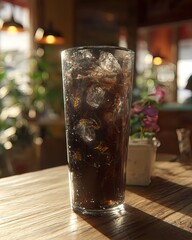 A minimalist coffee moment showing a frosty iced americano surrounded by soft light and indoor plants