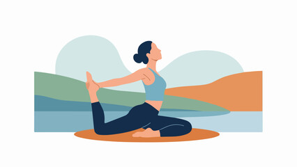 Woman in meditative yoga pose against serene natural backdrop
