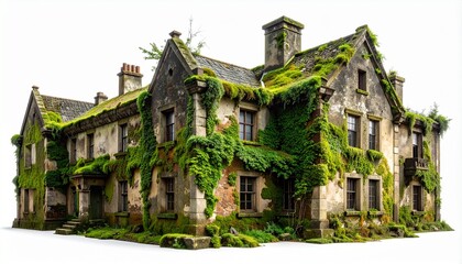 An ancient stone mansion, consumed by vibrant green ivy and moss, stands in a state of beautiful decay, a forgotten relic of time