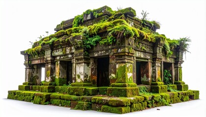 Ancient moss-covered stone temple ruins standing majestically amidst lush green foliage, showcasing the timeless beauty of historical architecture and nature's embrace