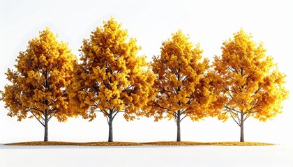 A row of beautiful deciduous trees in full autumn foliage, displaying vibrant golden yellow leaves against a clean white background, showcasing the splendor of the fall season