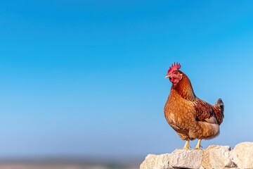 Hen standing on stone against a blue sky farm animal livestock bird