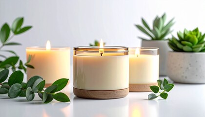 A tranquil scene showcasing lit scented candles surrounded by lush green foliage and potted succulents