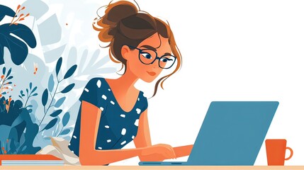 Illustration of a woman wearing glasses and a blue polka dot dress working on a laptop, with a coffee cup nearby