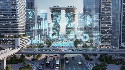 A bright, futuristic 3d rendering captures a smart city displaying blue ai data visualizations over a busy metropolitan highway. - Powered by Adobe