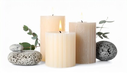 Peaceful spa arrangement three softly lit pillar candles, smooth natural stones, and fresh eucalyptus leaves on white, evoking calm and relaxation
